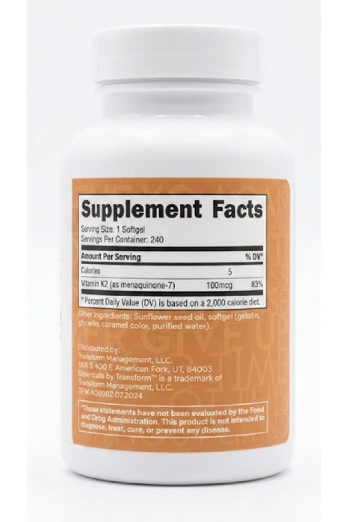 TransformHQ Vitamin K2 (MK7) (100mcg) + Vitamin D3 (5000 IU) 240 Softgels.