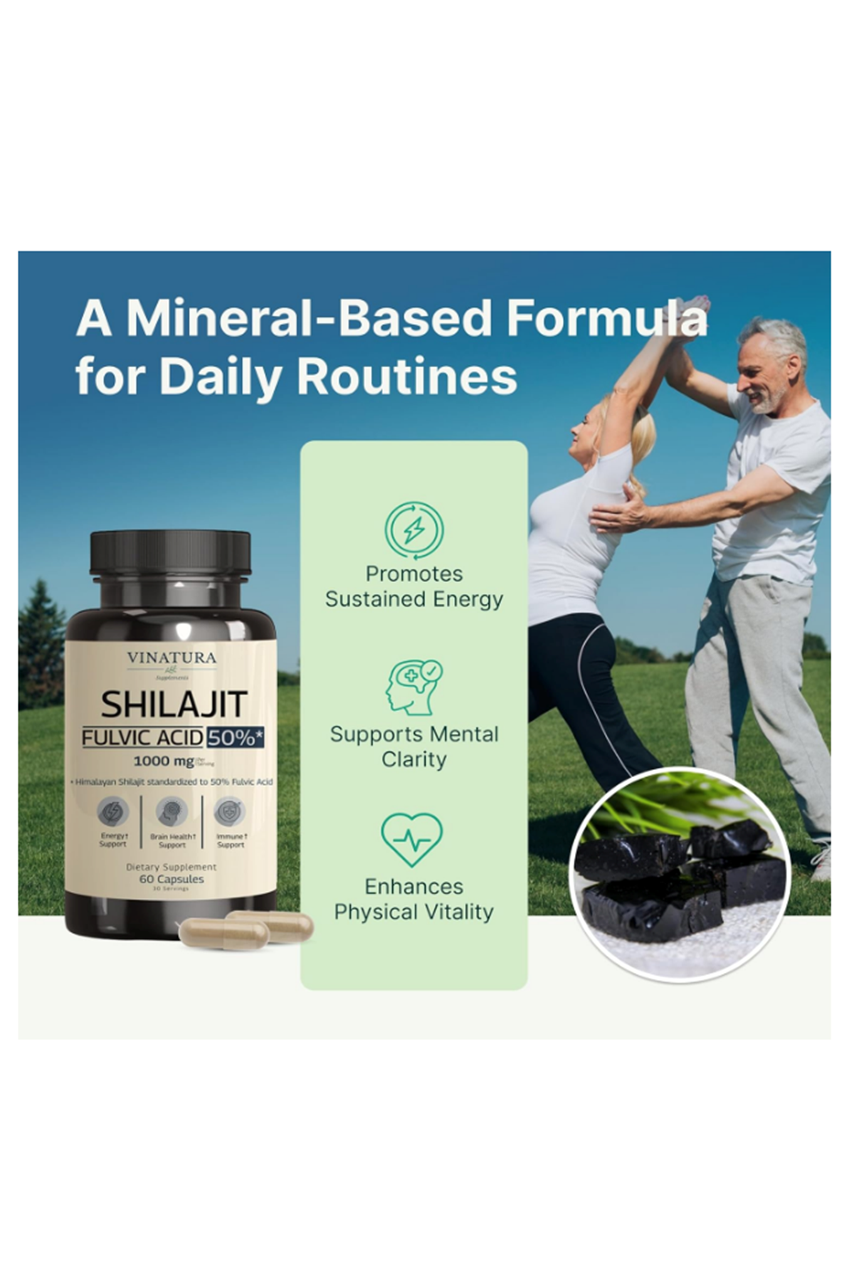 VINATURA Shilajit Men and Women  1000mg Pure Himalayan Shilajit standardized to 50% Fulvic Acid  60 Capsul.