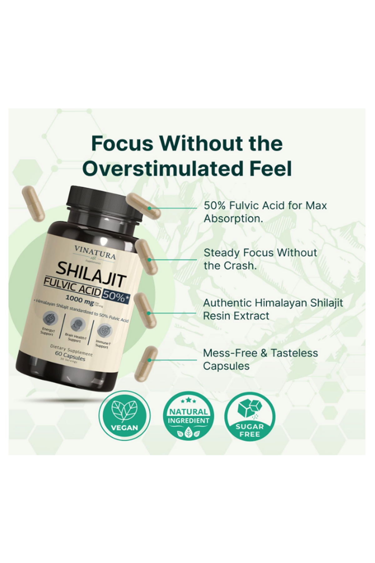 VINATURA Shilajit Men and Women  1000mg Pure Himalayan Shilajit standardized to 50% Fulvic Acid  60 Capsul.