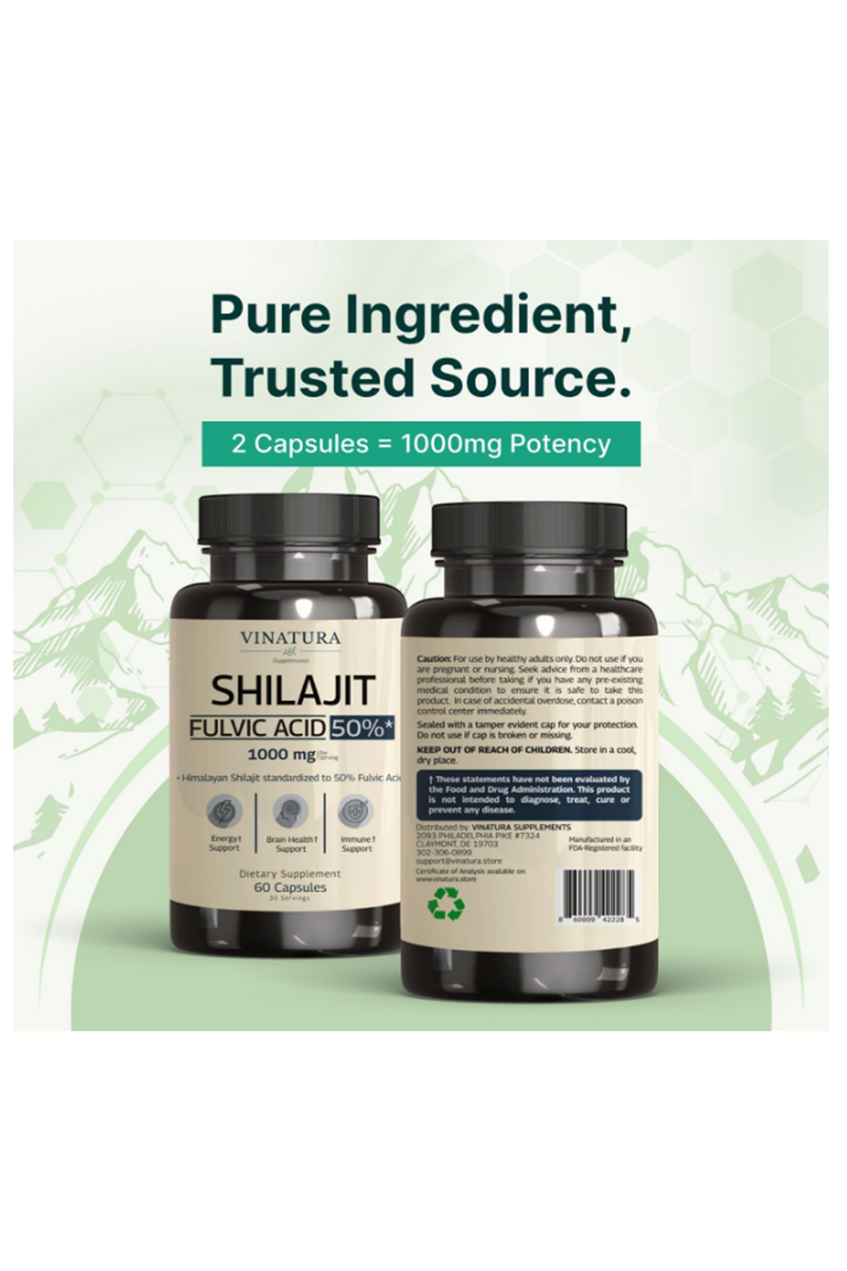 VINATURA Shilajit Men and Women  1000mg Pure Himalayan Shilajit standardized to 50% Fulvic Acid  60 Capsul.