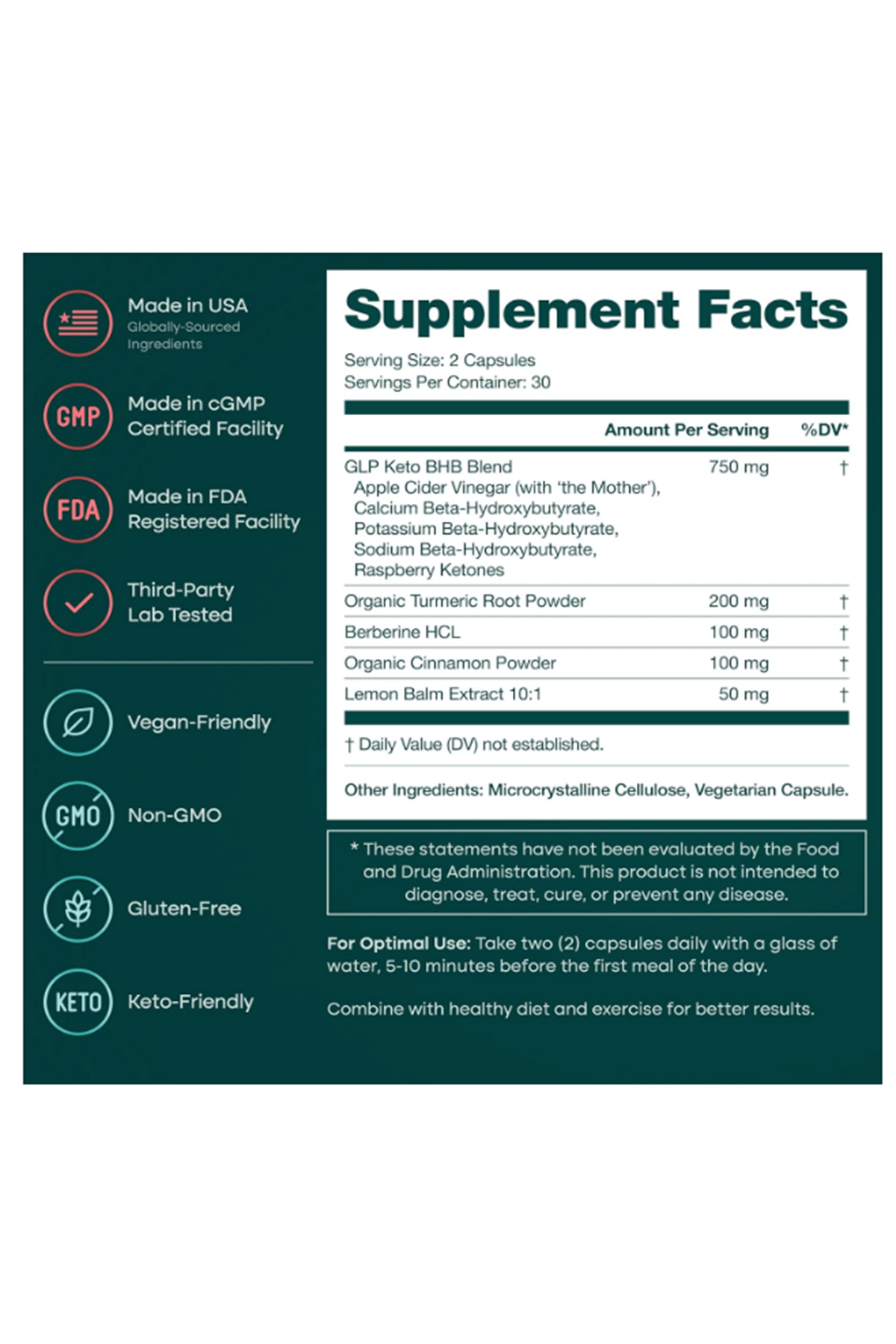 Etta Vita Keto Burn  GLP-1 Weight Loss Appetite Suppressant,Metabolic Health BHB Raspberry Ketones, Apple Cider Vinegar, Berberine HCL 60 Vegie Capsules.Made ın Usa.