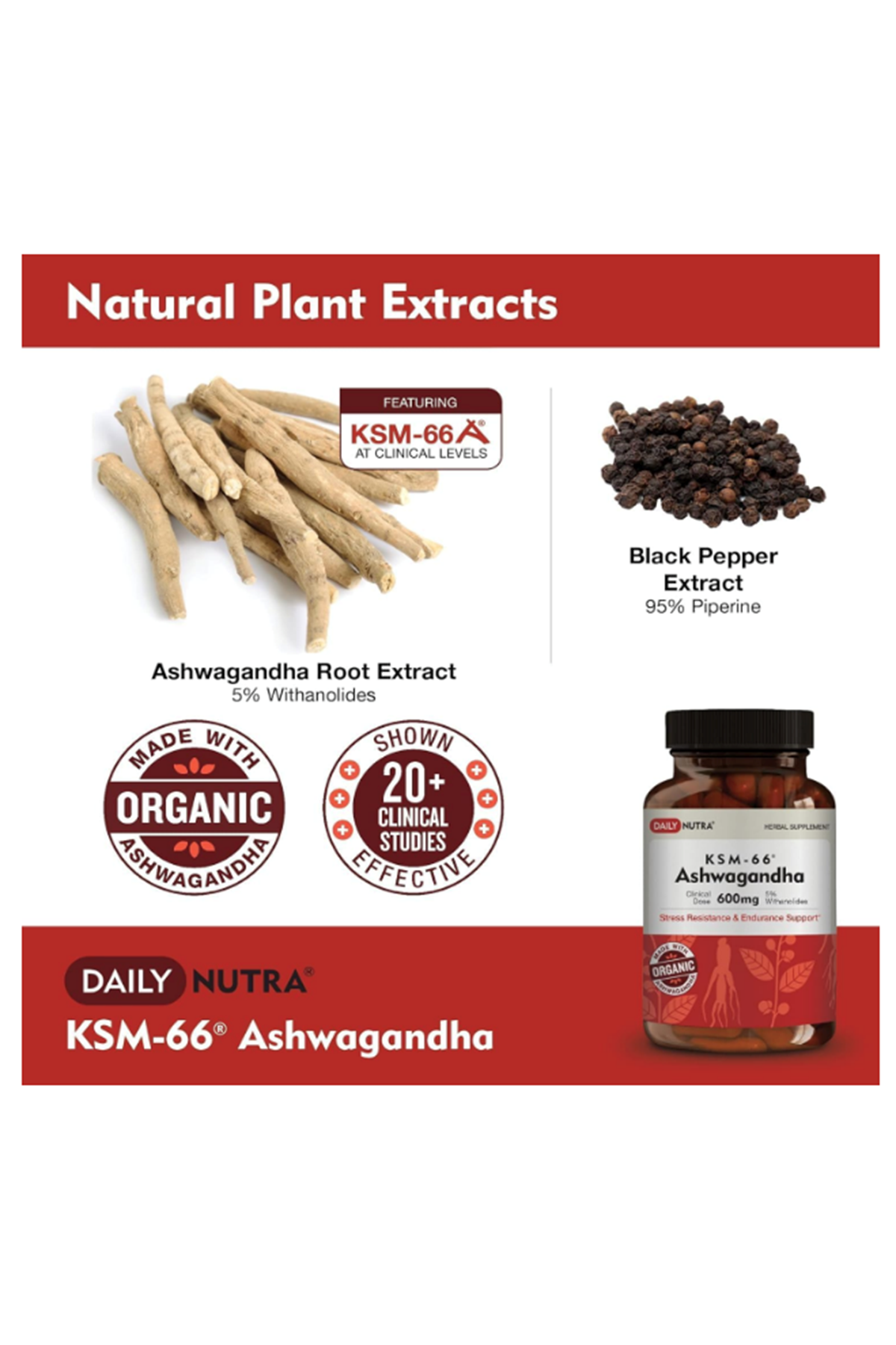 DailyNutra KSM-66 + Black Pepper Bioperine  600mg Organic Root Extract  60 capsul.Made ın Usa.