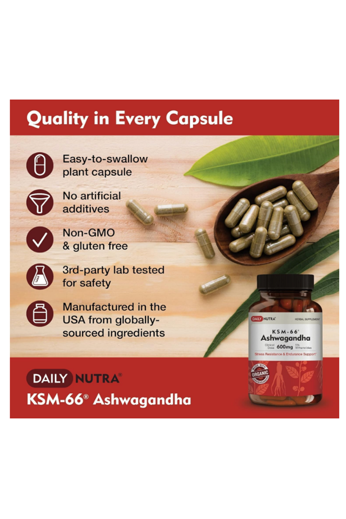 DailyNutra KSM-66 + Black Pepper Bioperine  600mg Organic Root Extract  60 capsul.Made ın Usa.
