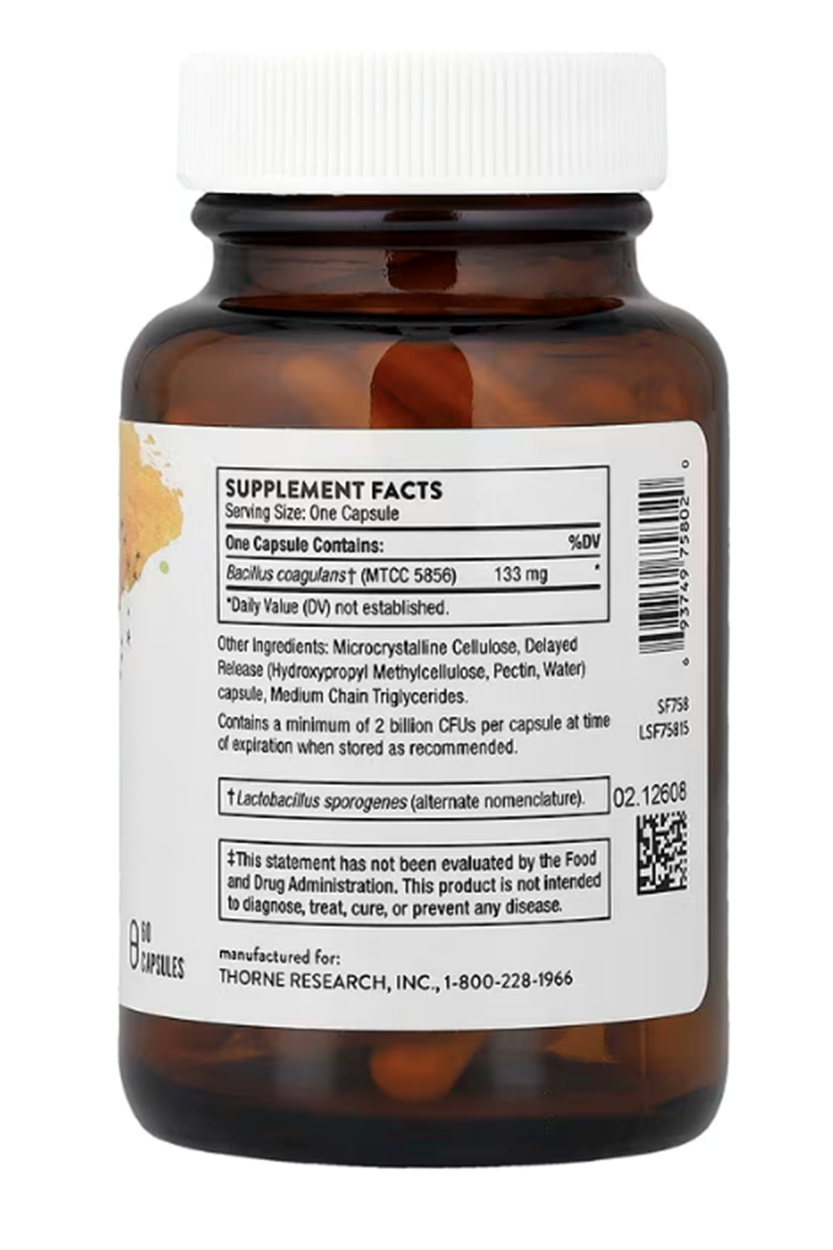 Thorne Bacillus Coagulans 60 Capsules (133 mg per Capsule).