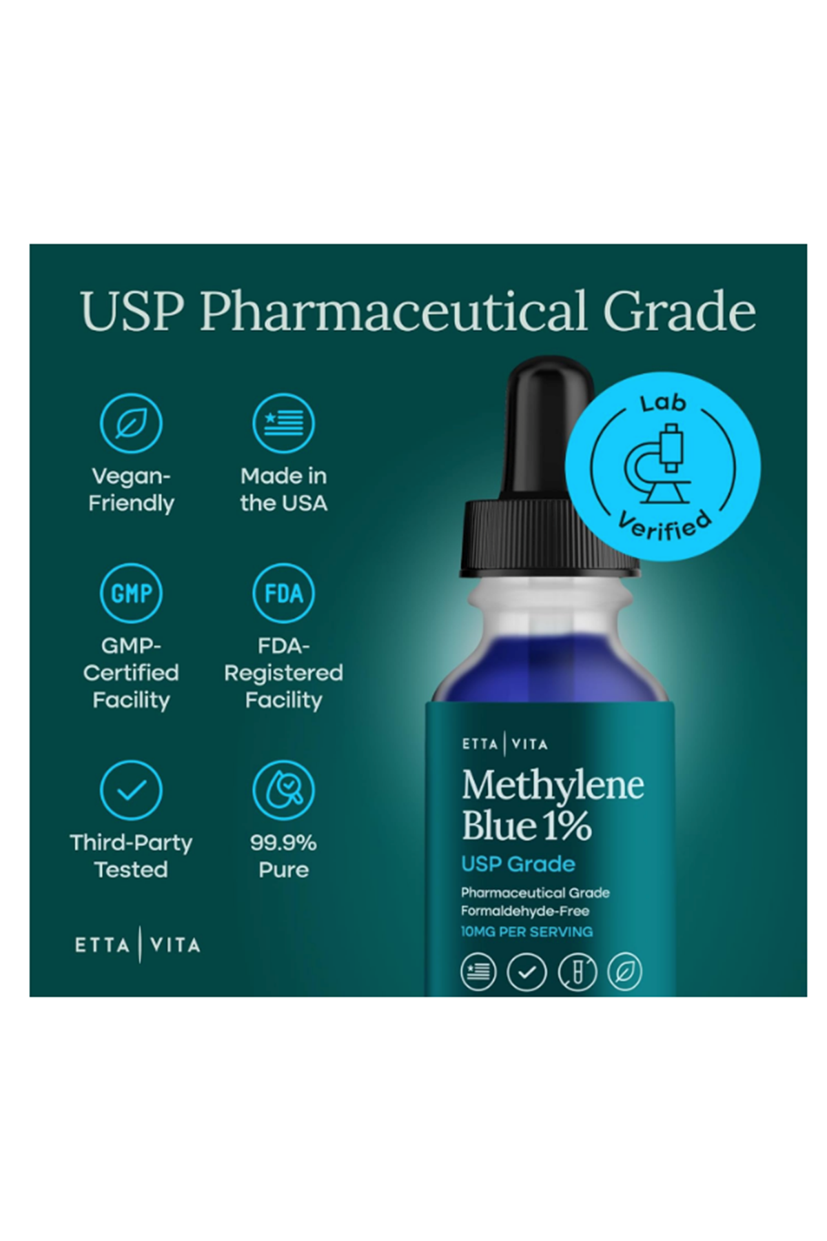 Etta Vita Methylene Blue Drops 60 ML USP Grade 99.99% Pure 1% Solution for Energy Focus, Clarity,Cognition Cellular Support.