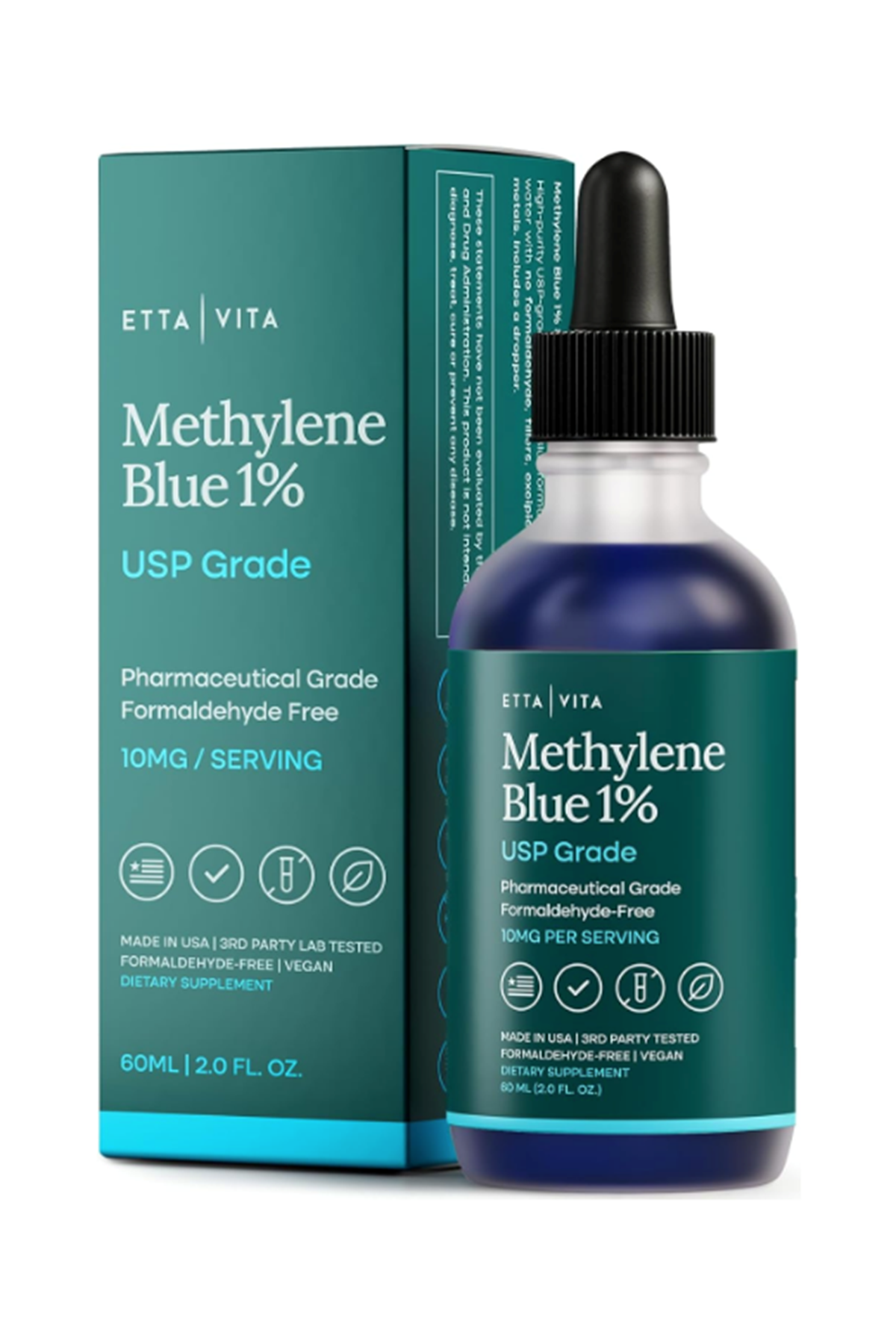 Etta Vita Methylene Blue Drops 60 ML USP Grade 99.99% Pure 1% Solution for Energy Focus, Clarity,Cognition Cellular Support.
