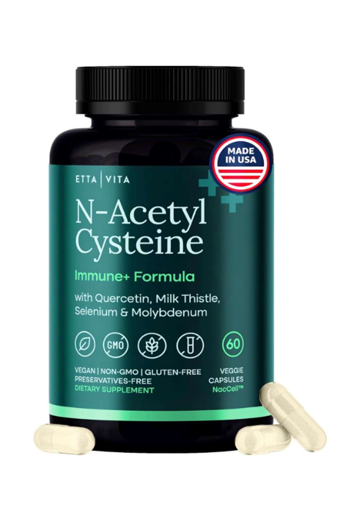 Etta Vita N-Acetyl Cysteine Liver Detox Cleanse - N.A.C 600mg 60 Veg Capsul Quercetin,Milk Thistle,Molybdenum Selenium.