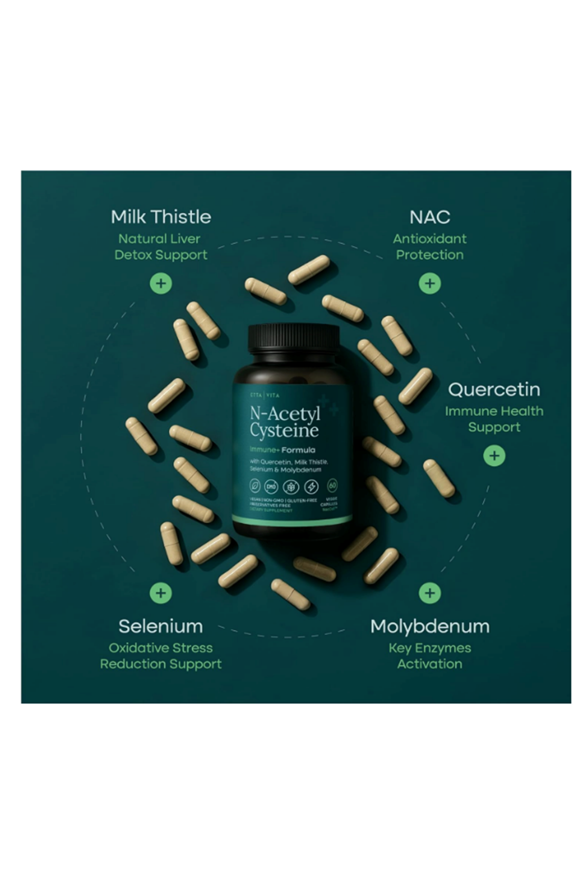 Etta Vita N-Acetyl Cysteine Liver Detox Cleanse - N.A.C 600mg 60 Veg Capsul Quercetin,Milk Thistle,Molybdenum Selenium.