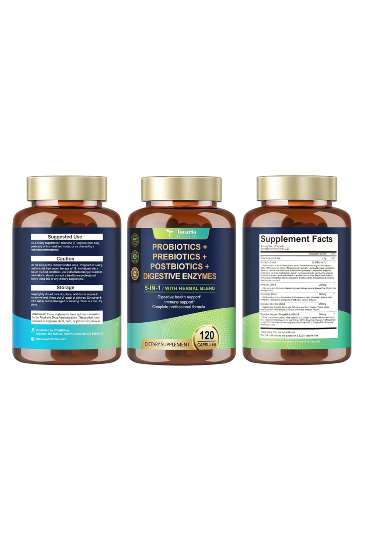 Totaria Probiotic Prebiotic  Postbiotic 120 Capsul 60 Billion CFU 24 Strains w/Digestive Enzymes, Prebiotic Fiber, Slippery Elm, Daily Complete Immune, Gut Health.