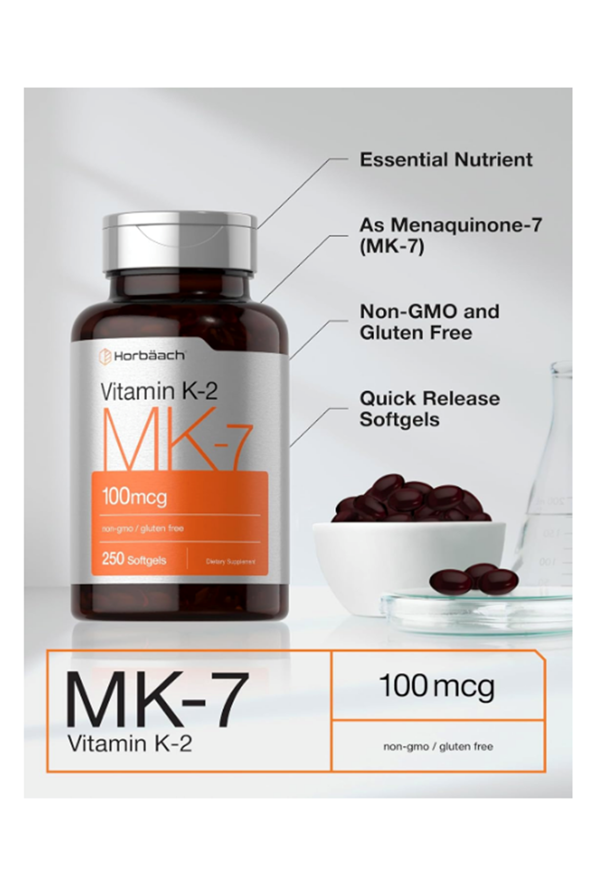 Horbäach  Vitamin K2 MK7 100mcg  250 Softgels.Orj Abd.