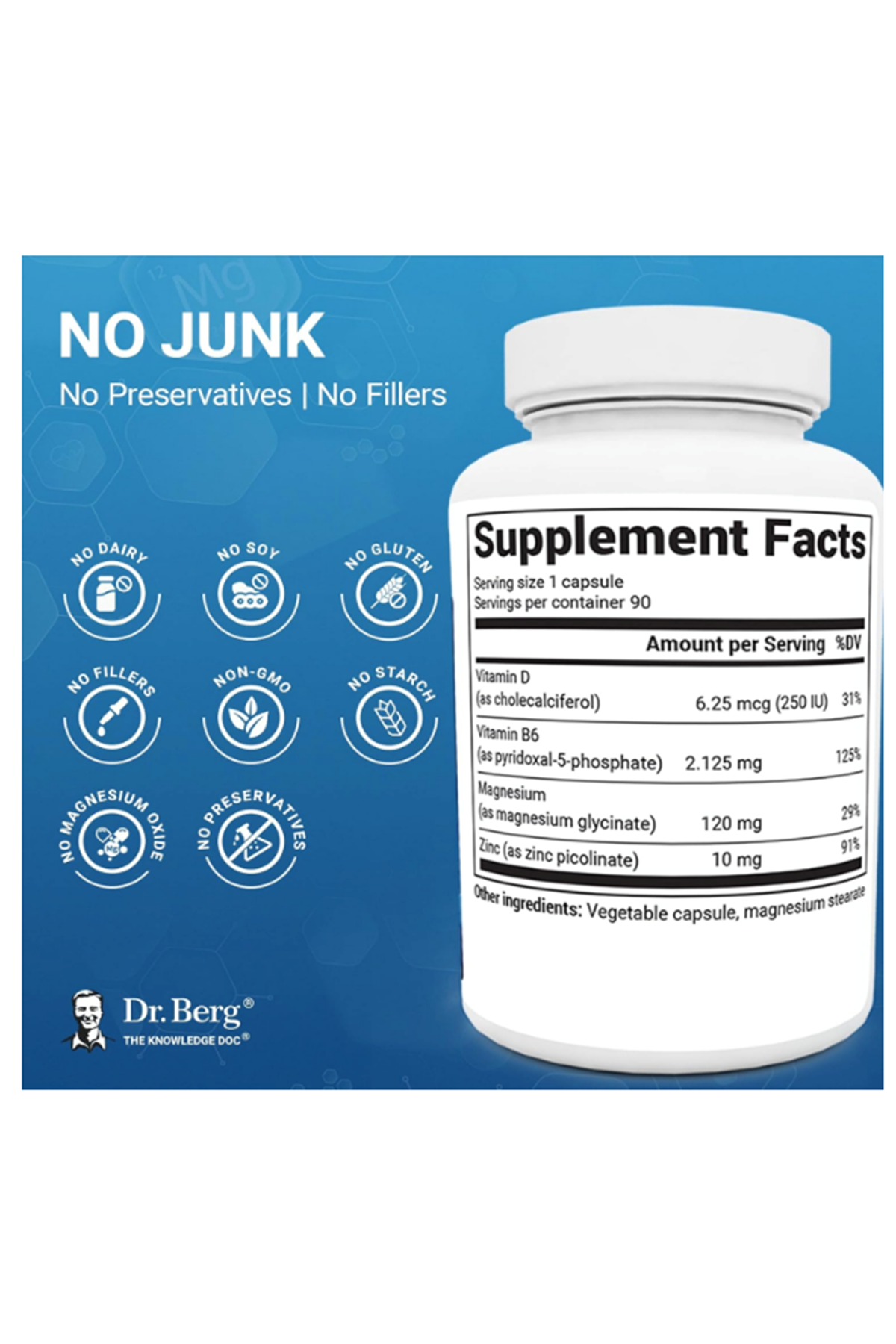 Dr. Berg Magnesium Glycinate  - 90 Capsul - Vitamin D, B6 & Zinc for Stress Relief, Calm, Relaxation, Good Sleep - 120 mg  Magnesium Bisglycinate  - Chelated Magnesium Glycinate. Abd Menşei.46.