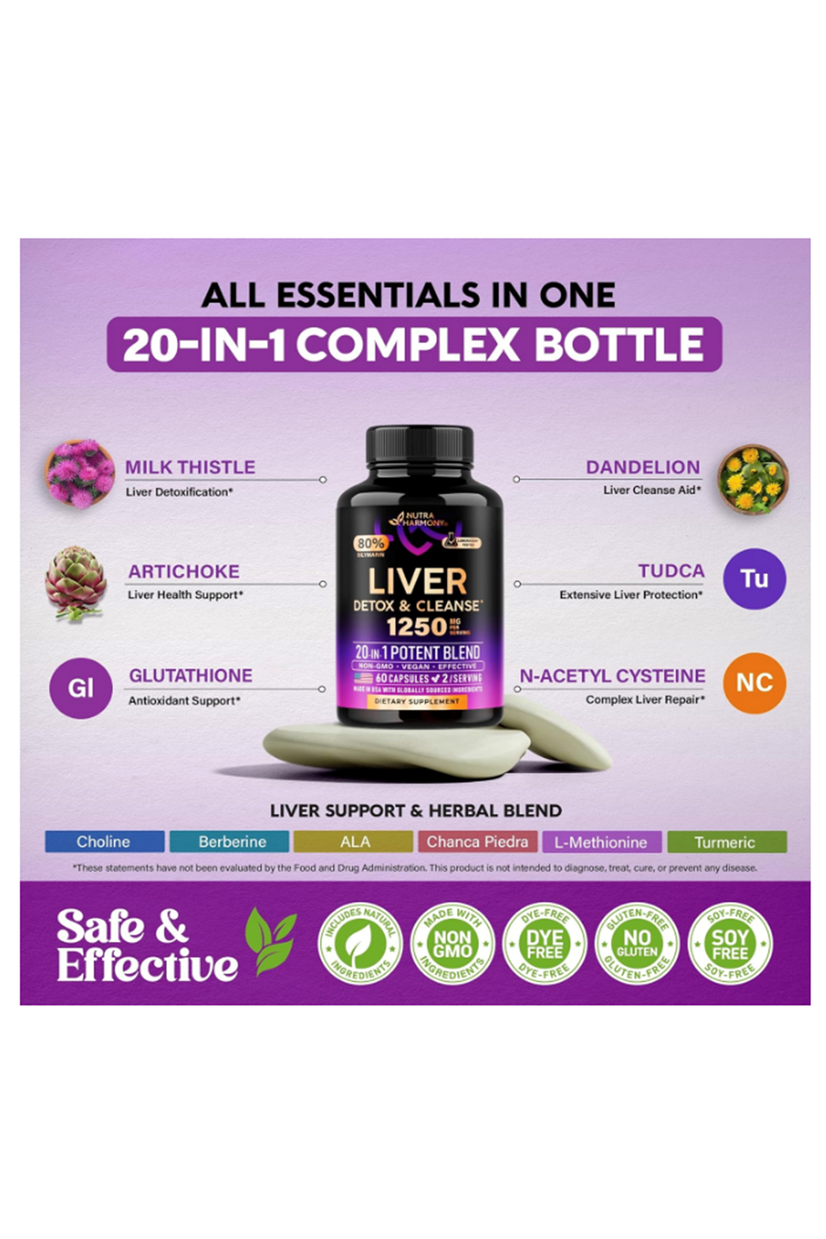 NUTRAHARMONY  Liver Cleanse  Detox 1250mg  60 Capsul  Vegan  Made in USA.(Ösg Özel Sporcu Gıdaları)