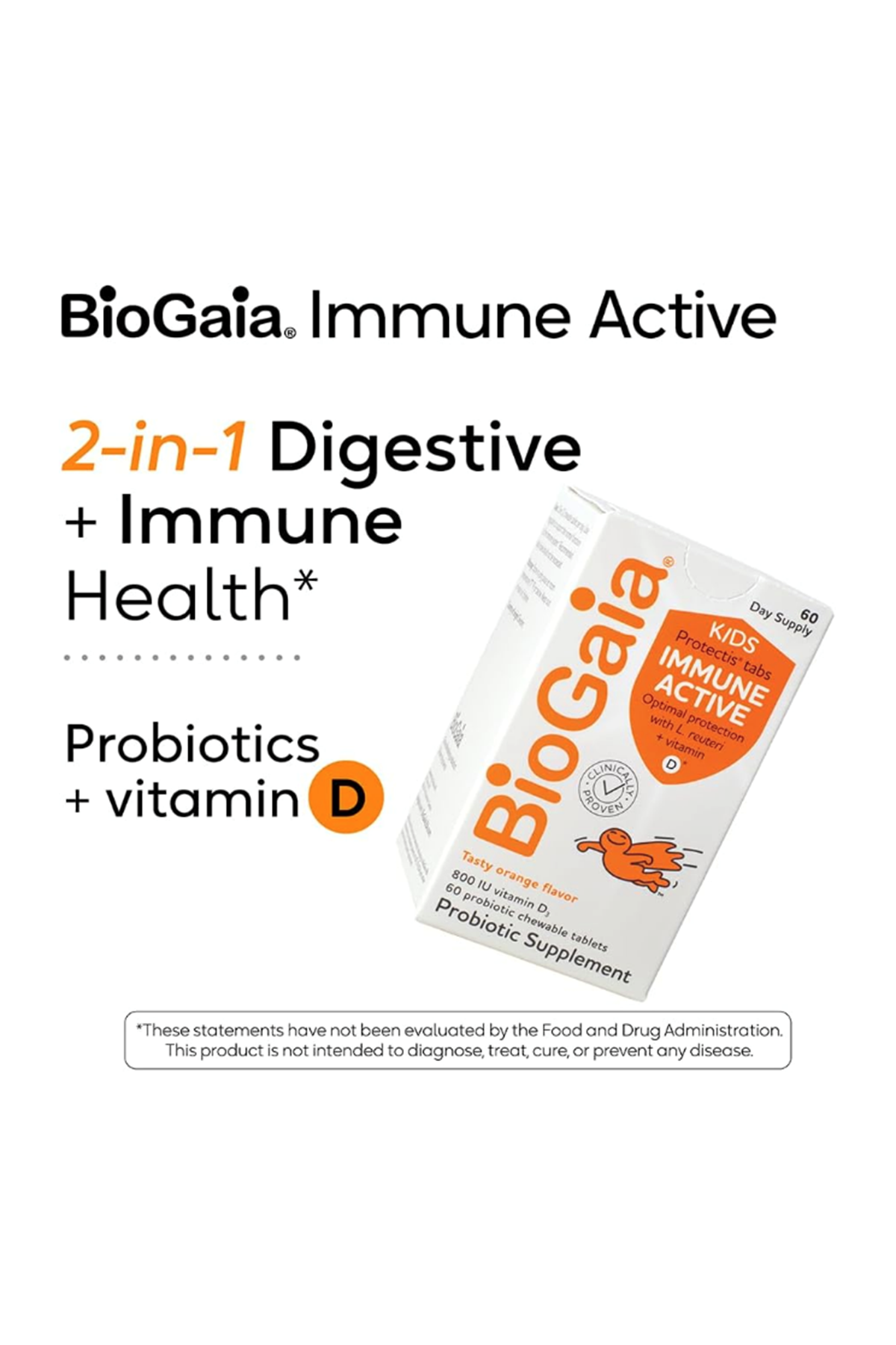 BioGaia Immune Active Kids  Probiotic + Vitamin D  Ages 3+ Allergen Dairy Soy Gluten Free By Pediatricians  60 Day Supply  Orange Flavored Chewable.