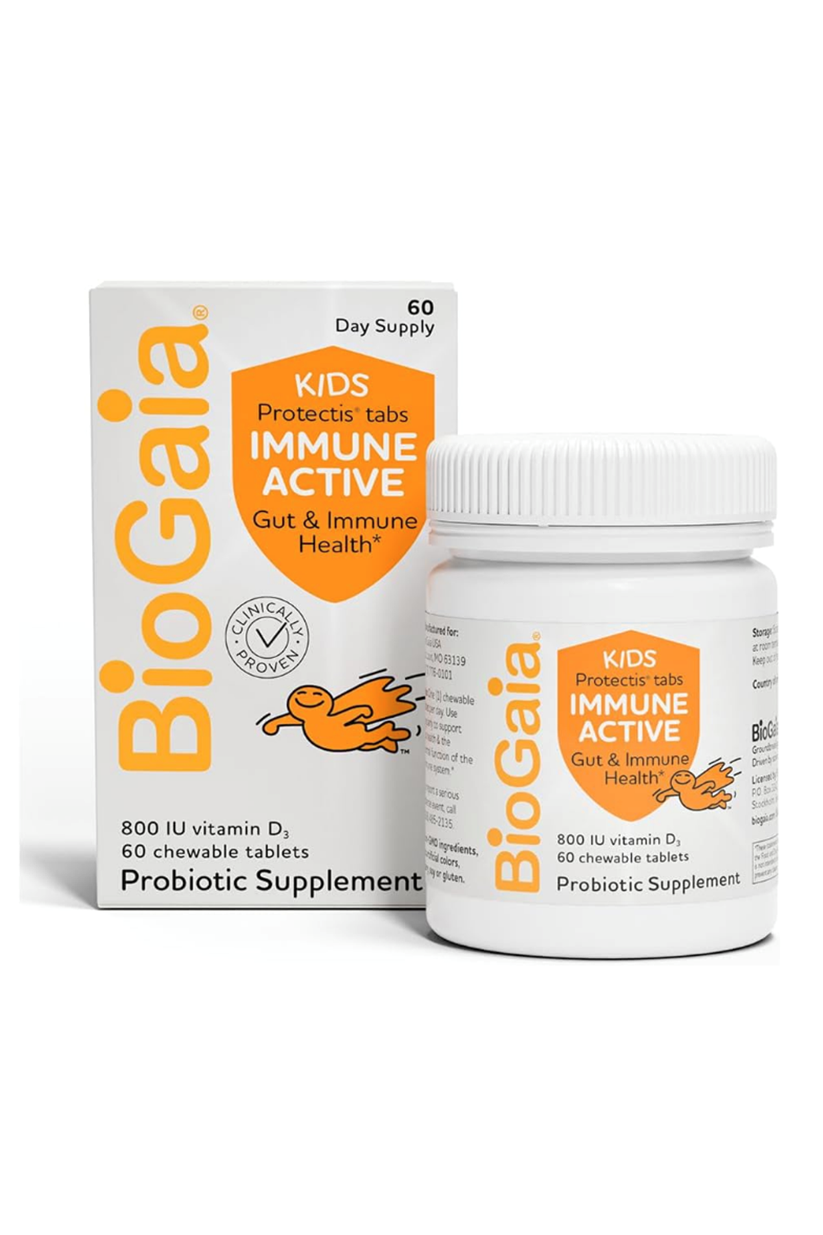 BioGaia Immune Active Kids  Probiotic + Vitamin D  Ages 3+ Allergen Dairy Soy Gluten Free By Pediatricians  60 Day Supply  Orange Flavored Chewable.