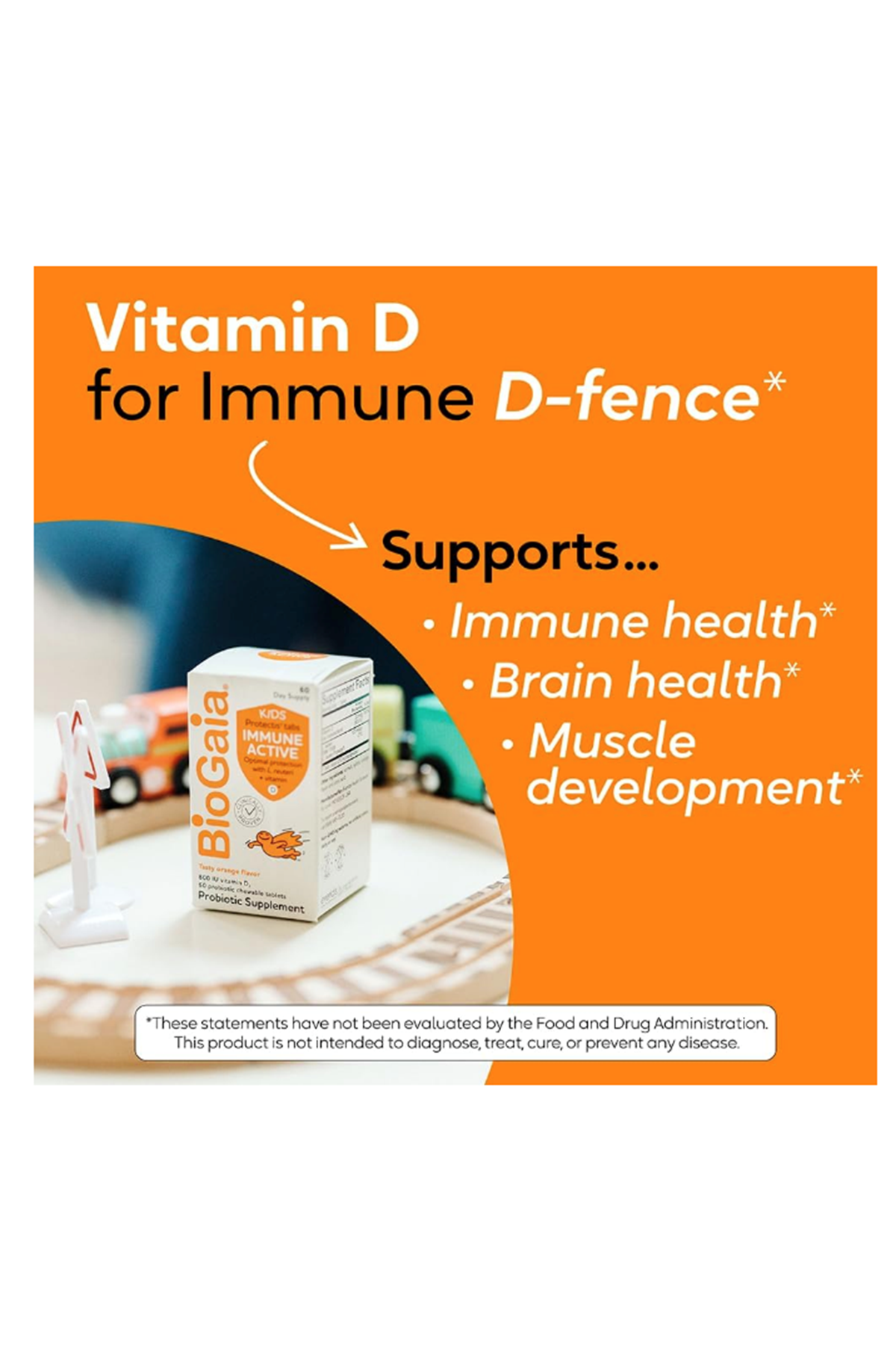 BioGaia Immune Active Kids  Probiotic + Vitamin D  Ages 3+ Allergen Dairy Soy Gluten Free By Pediatricians  60 Day Supply  Orange Flavored Chewable.