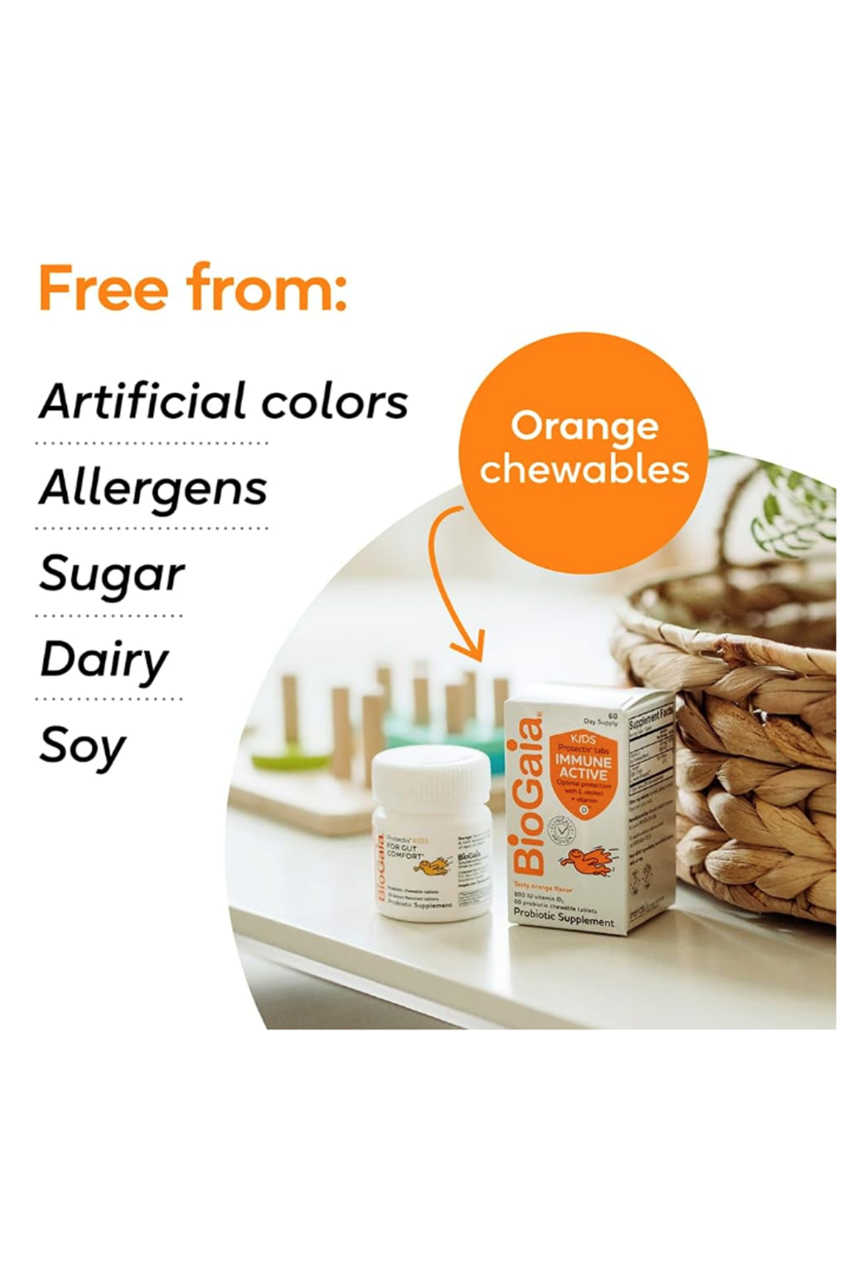 BioGaia Immune Active Kids  Probiotic + Vitamin D  Ages 3+ Allergen Dairy Soy Gluten Free By Pediatricians  60 Day Supply  Orange Flavored Chewable.
