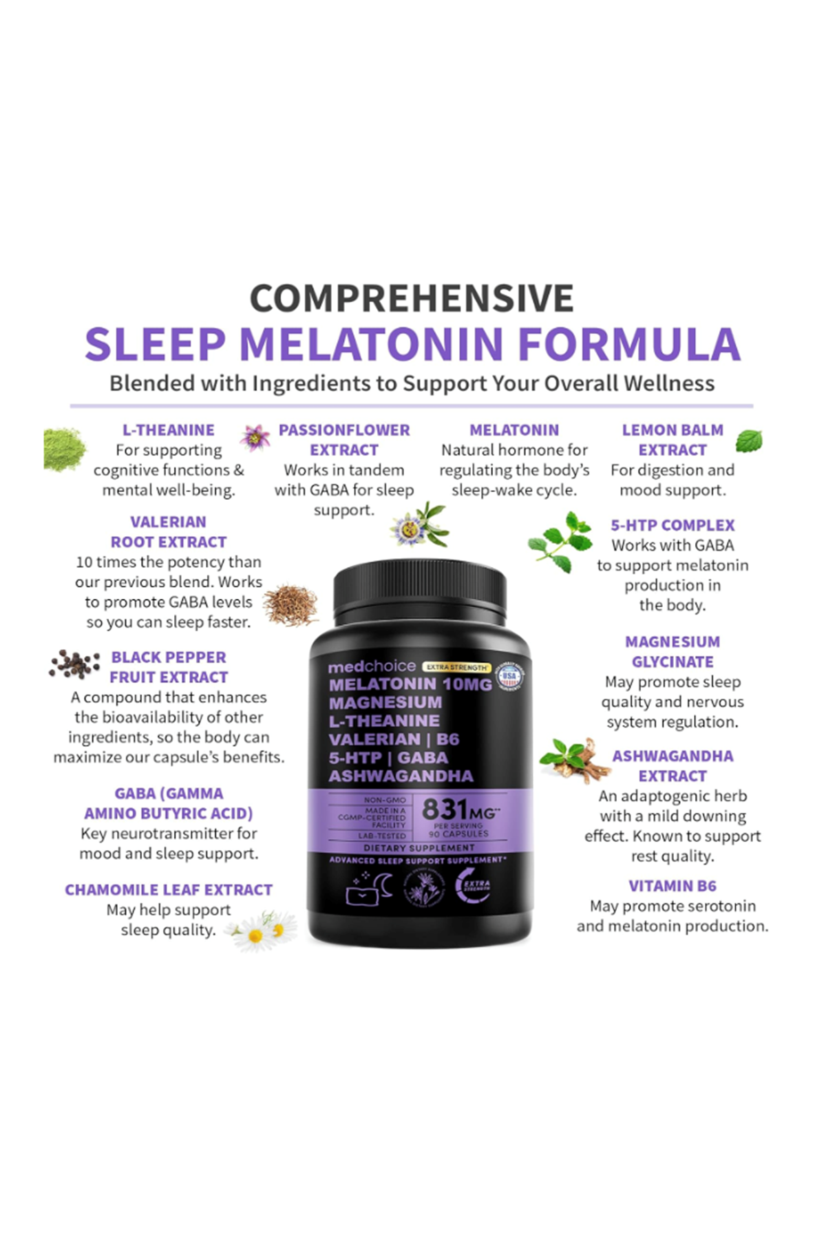 MEDCHOICE ÖSG ÖZEL SPORCU GIDALARI Extra Strength 10mg 90 Capsul-Magnezium-Asvaganda-Chamomile Extract-L-Theanine -Valerian Root.