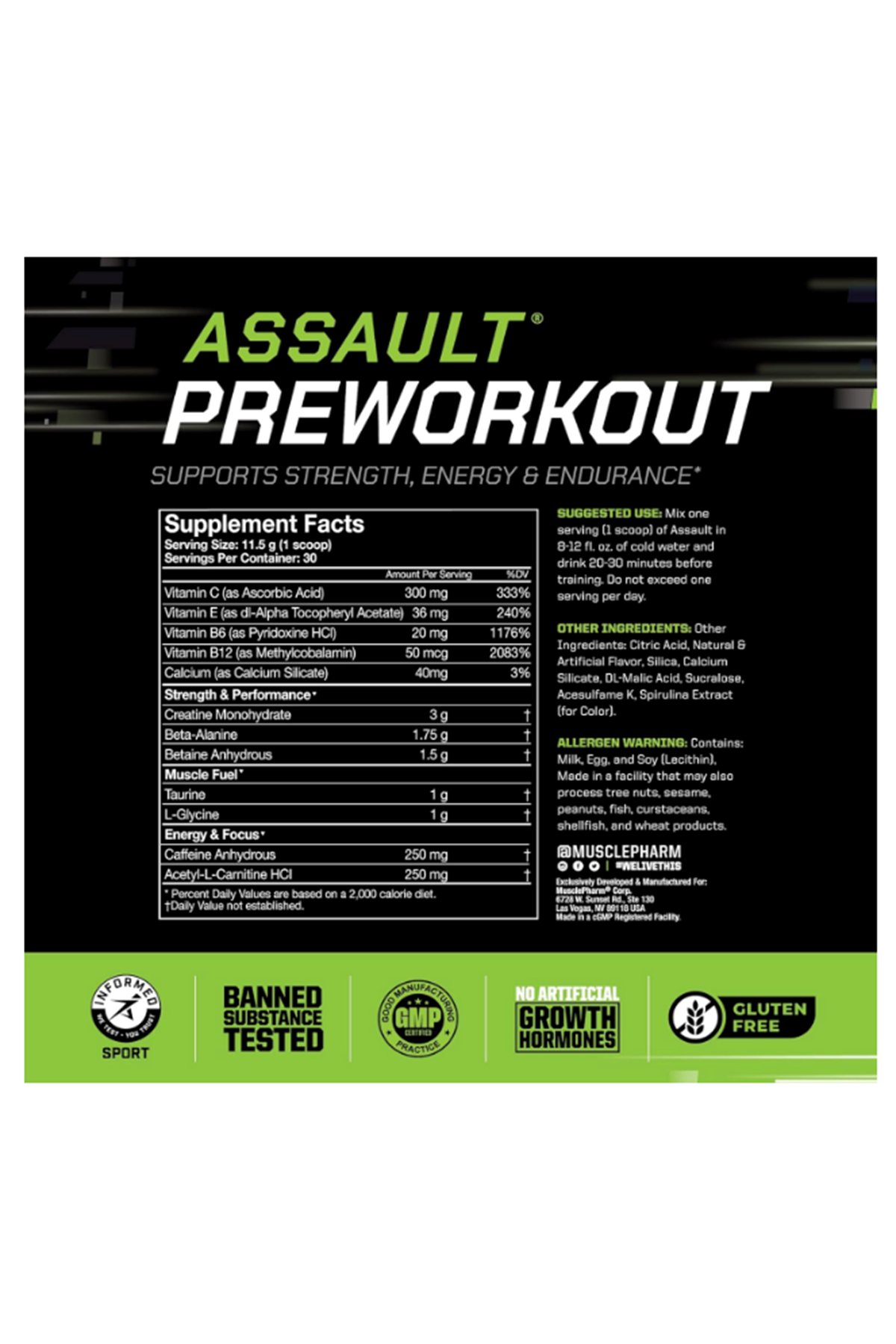 MusclePharm (Ösg Özel Sporcu Gıdaları) Assault Sport 30 Servis  Pre-Workout.(Amerikan Menşei ve İçeriktir)57.