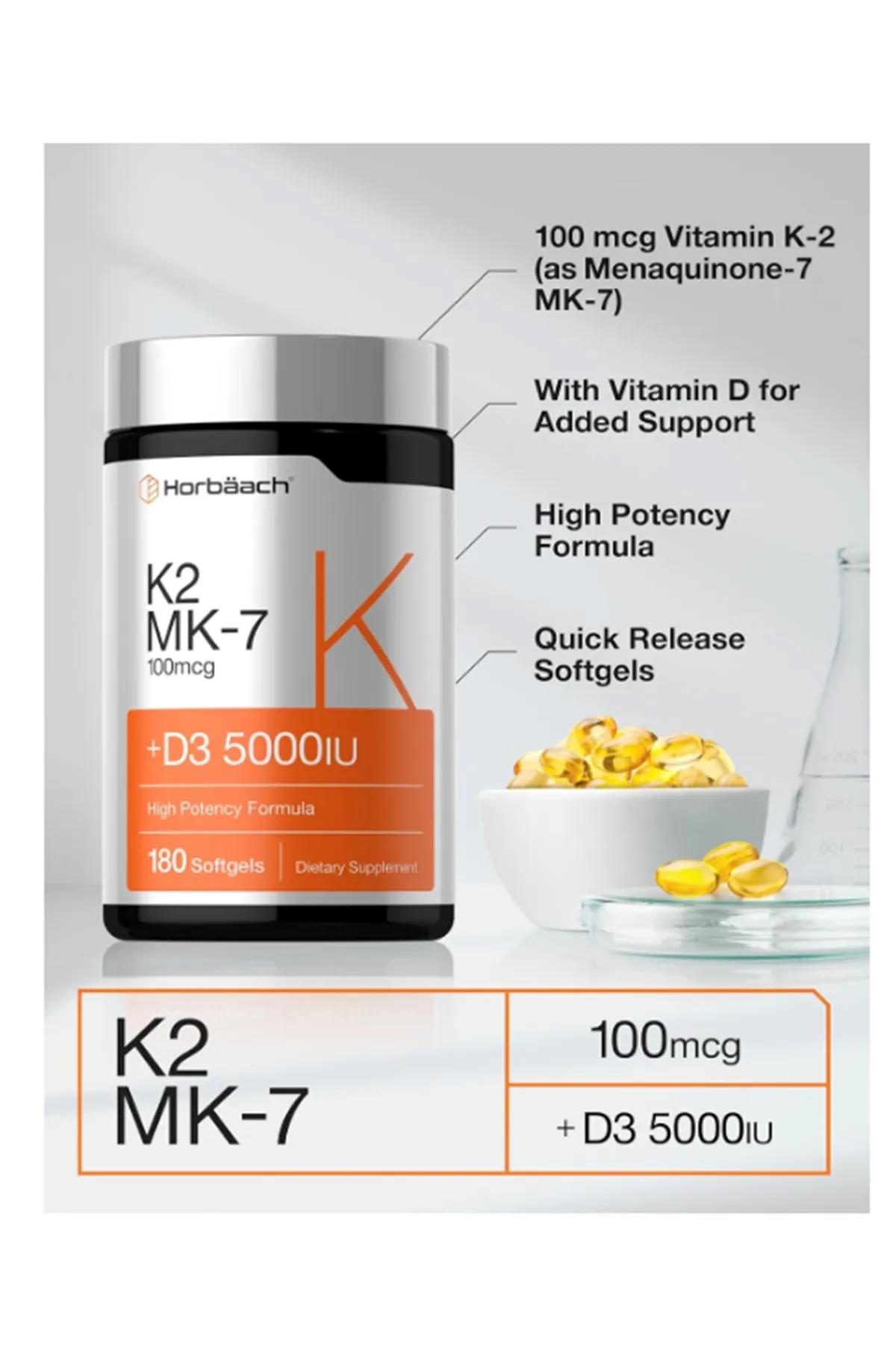 Horbaach (Ösg Özel Sporcu Gıdaları) Vitamin D3 K2 5000 iu  100mcg MK-7 Complex  180 Softgel.Abd Menşei.