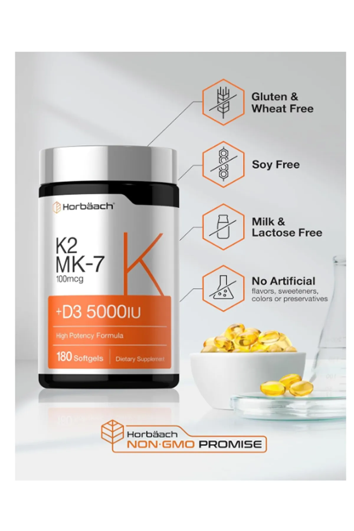 Horbaach (Ösg Özel Sporcu Gıdaları) Vitamin D3 K2 5000 iu  100mcg MK-7 Complex  180 Softgel.Abd Menşei.