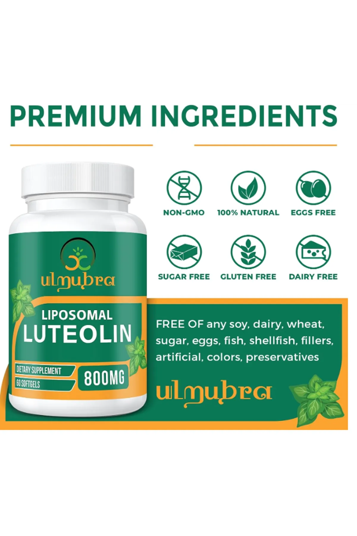 Ulmubra Liposomal Luteolin 800 MG 60 Softgels.(Ösg Özel Sporcu Gıdaları).