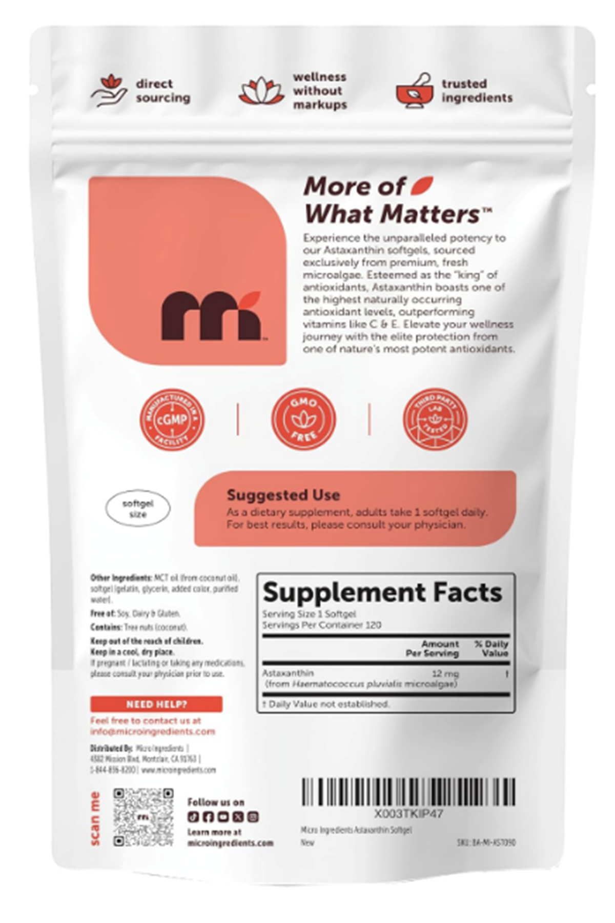 Micro Ingredients Astaxanthin 12mg with MCT Oil, 120 Softgels.(Ösg Özel Sporcu Gıdaları)