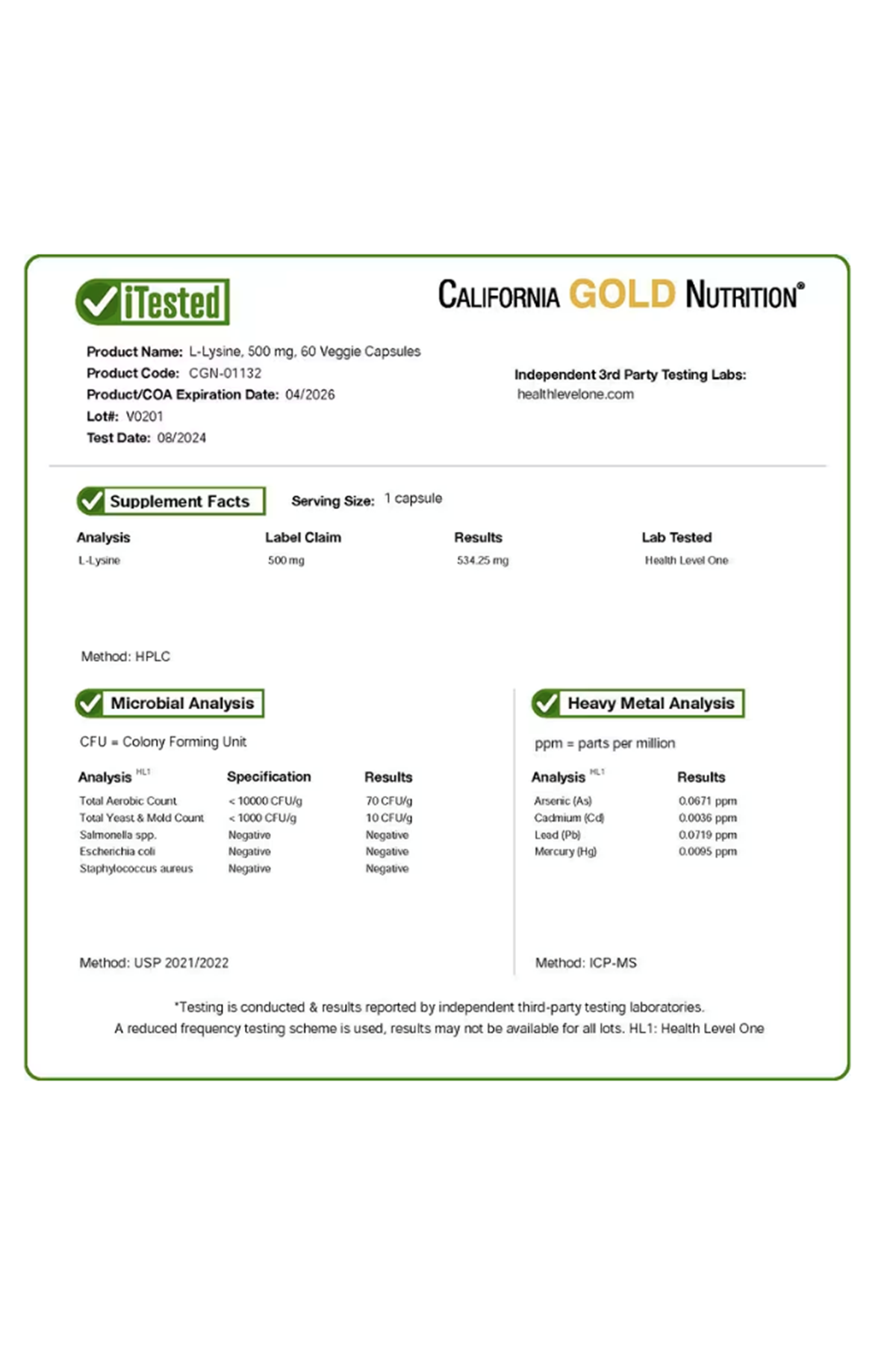 California Gold Nutrition, L-Lysine, 500 mg, 60 Veggie Capsules.