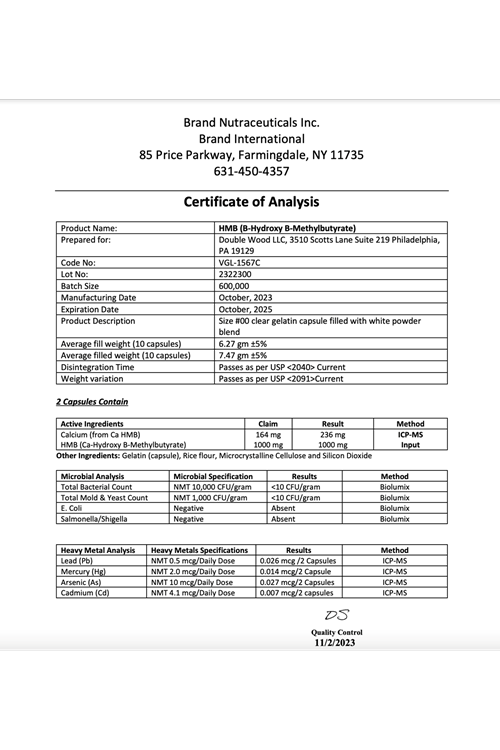 Double Wood HMB Supplement, Third Party Tested, Made in USA, 120 Capsules, 1000mg. 3939