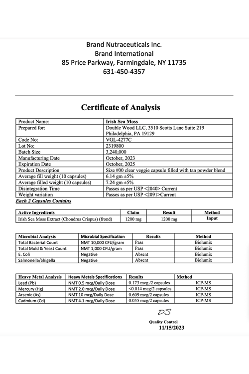 Double Wood IRISH Sea Moss İrlanda Deniz Yosunu 1200mg 180 Capsul.Abd Menşei 40.