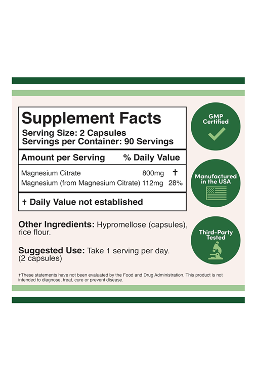Double Wood Magnesium Citrate Capsules 800mg 180 Capsules (Citrato de Magnesio) Vegan Safe. USA 39.