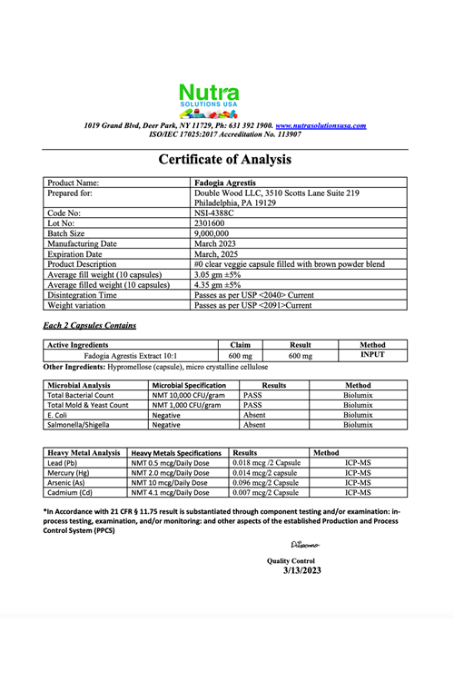 Double Wood Fadogia Agrestis 600mg 180 Capsul.36.