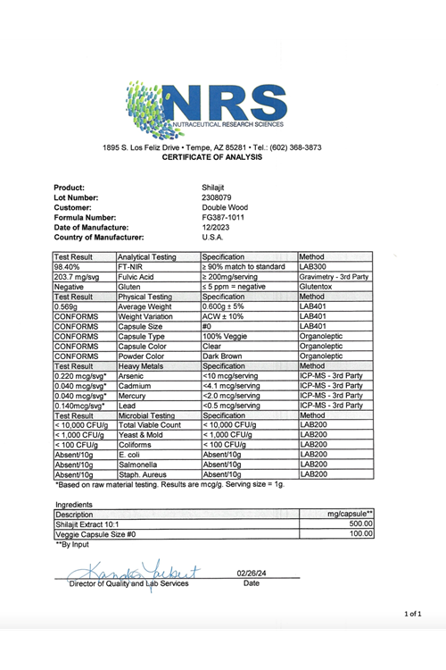 Double Wood Shilajit Pure Himalayan (20% Fulvic Acid Supplement) 1,000mg  120 Capsul. 4140