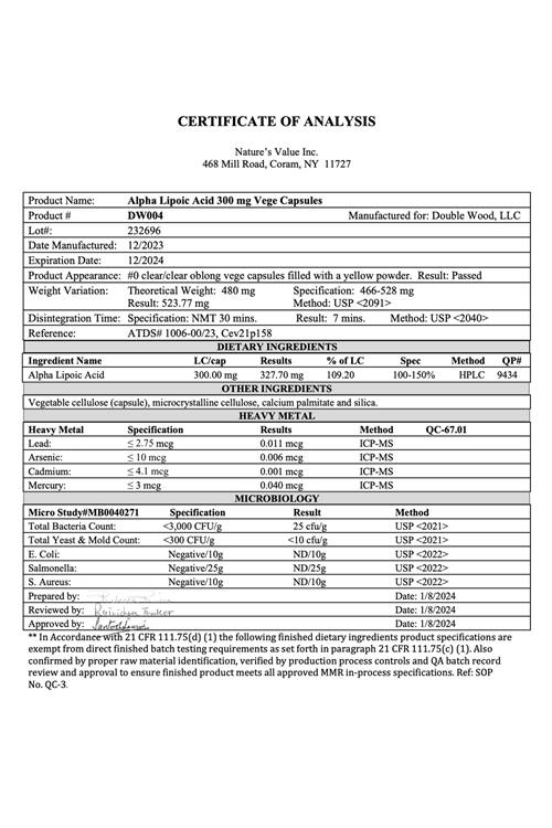 Double Wood Alpha Lipoic Acid 600mg  60 Capsul. 3932