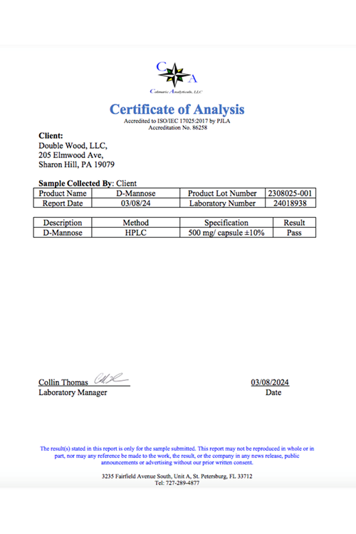 Double Wood D Mannose 500mg 90 Capsules (D-Mannose for Urinary Tract Health and Bladder Lining 3735