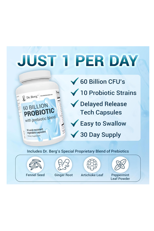Dr. Berg 60 Billion Probiotic - Probiotics for Men & Women - Pre and Probiotics for Digestive Health - 30 Vegetable Capsul.Usa Amazon Best Seller.3949.