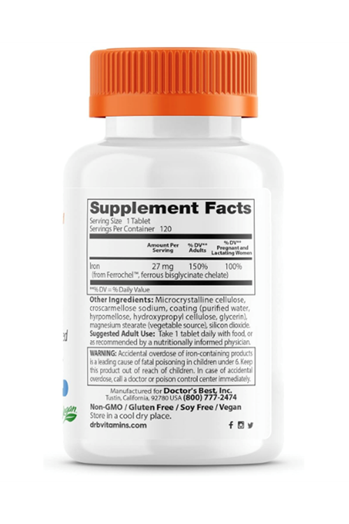 Doctor's Best High Absorption Iron Chelated with Ferrochel, Gentle on The Stomach, Immune Health, Blood Health, 27mg 120 Tablet.4036