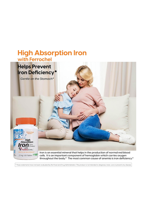 Doctor's Best High Absorption Iron Chelated with Ferrochel, Gentle on The Stomach, Immune Health, Blood Health, 27mg 120 Tablet.4036