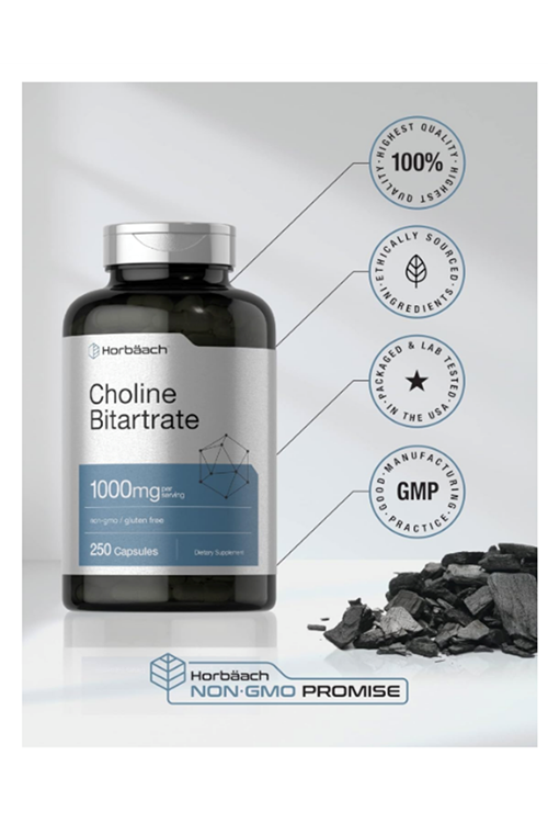 Horbaach Choline Bitartrate 1000mg  250 Capsules.3844