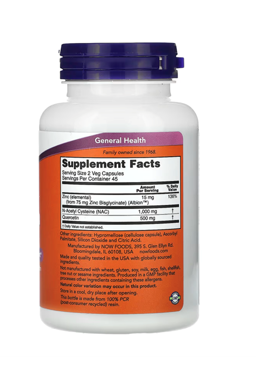 NOW NAC N-Acetyl Cysteine Quercetin & Zinc (elemental) (from 75 mg Zinc Bisglycinate) (Albion™) 90 Veg Capsul. 4051