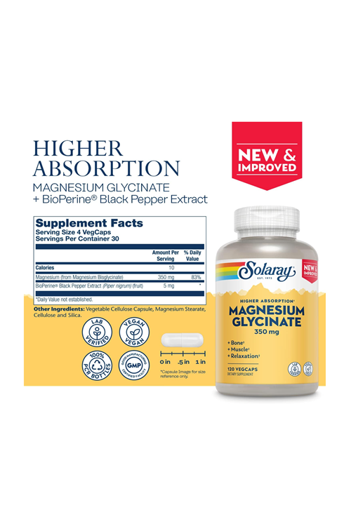 Solaray Magnesium GLYCİNATE  Fully Chelated BisGlycinate BioPerine, High Absorption Formul, Stress, Bones, Muscle & Relaxation, 120 Vegie Capsul.ABD MENŞEİ 40.