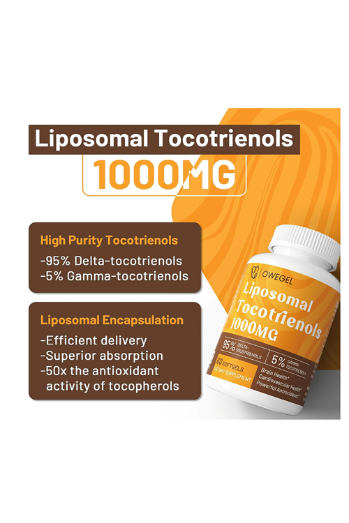 Owegel  Liposomal Tocotrienols 1000mg - High Bioavailability Vitamin E Tocotrienols,95% Delta & 5% Gamma Tocotrienol Cardiovascular,Skin,Bone,Antioxidant,60 Softgels 3652.