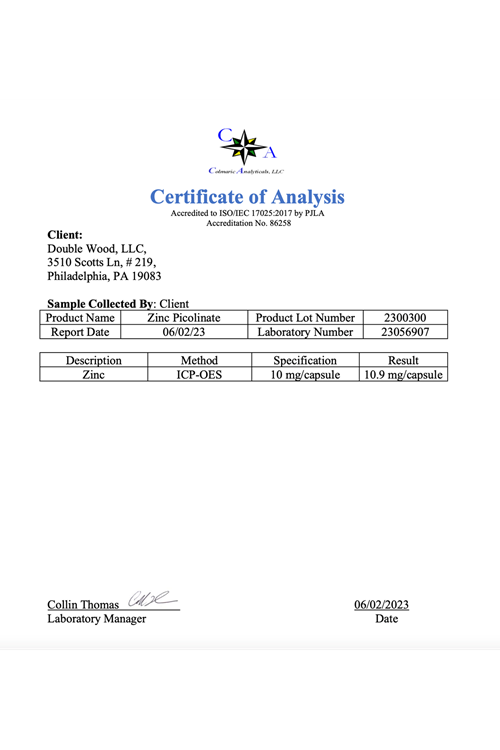Double Wood Zinc Picolinate 50mg, 300 Capsules.4040