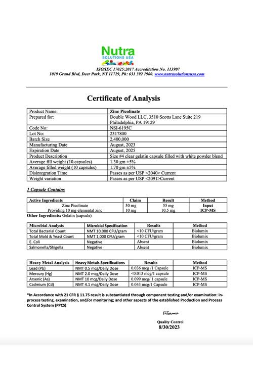 Double Wood Zinc Picolinate 50mg, 300 Capsules.4040