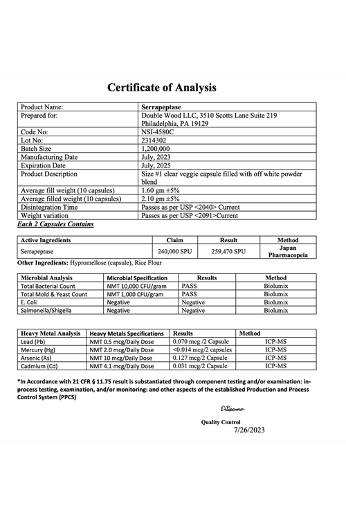 Double Wood Serrapeptase 240,000 SPU Vegie 120 Capsul.Abd Menşei.39.