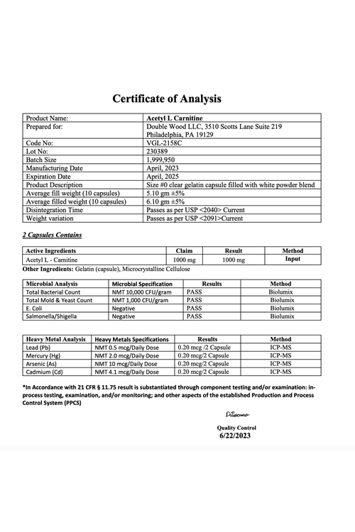 Double Wood Acetyl L-Carnitine (ALCAR) 1000mg 150 Capsul.41.