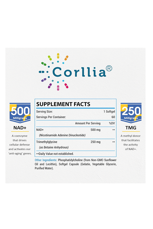 Corllia Liposomal NAD+ 500mg with TMG 250mg, 60 Softgels.Usa.3948