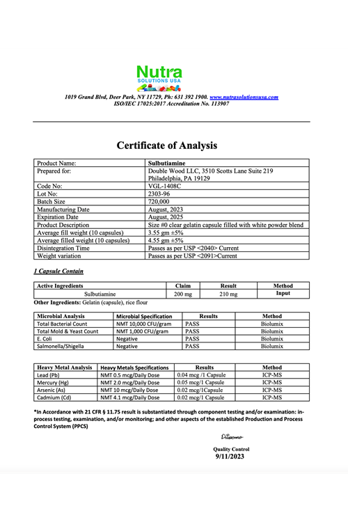 Double Wood Sulbutiamine 200mg 90 Capsul. Usa Version 36.