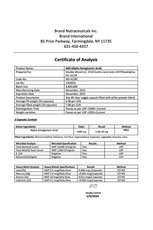 Double Wood  Alpha-Ketoglutaric Acid (AKG) 1000mg 180 Capsul. Usa Version.3941.