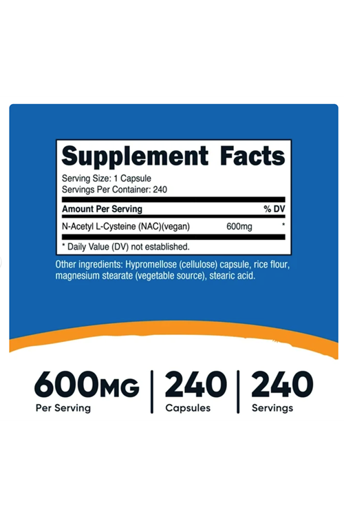 Nutricost N-Acetyl L-Cysteine 600mg, 240 Vegetarian Capsul.(Ösg Özel Sporcu Gıdaları)