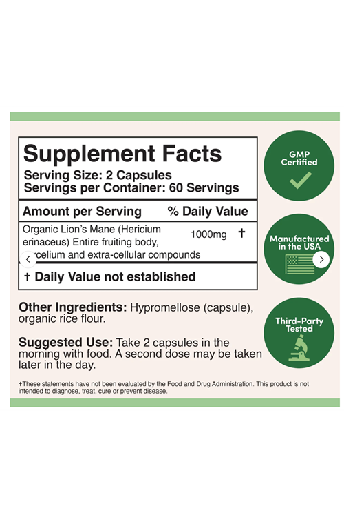 Double Wood Lion's Mane Mushroom 500mg 120 Capsul.Usa 4138.